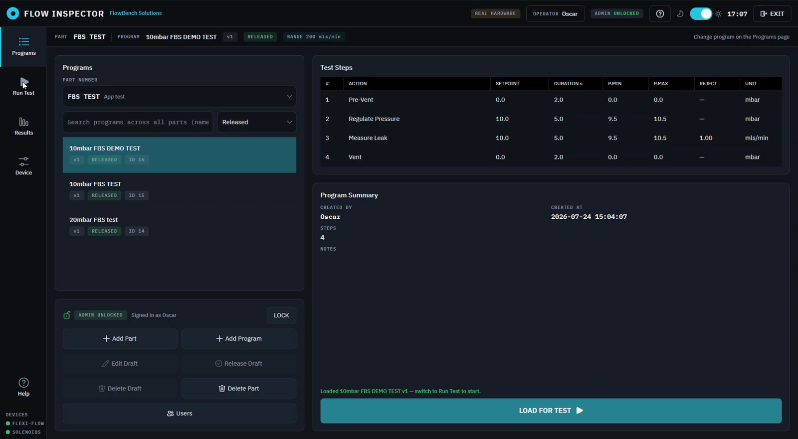 Flow Inspector 2026 software — programma’s en testrecepten per partnummer