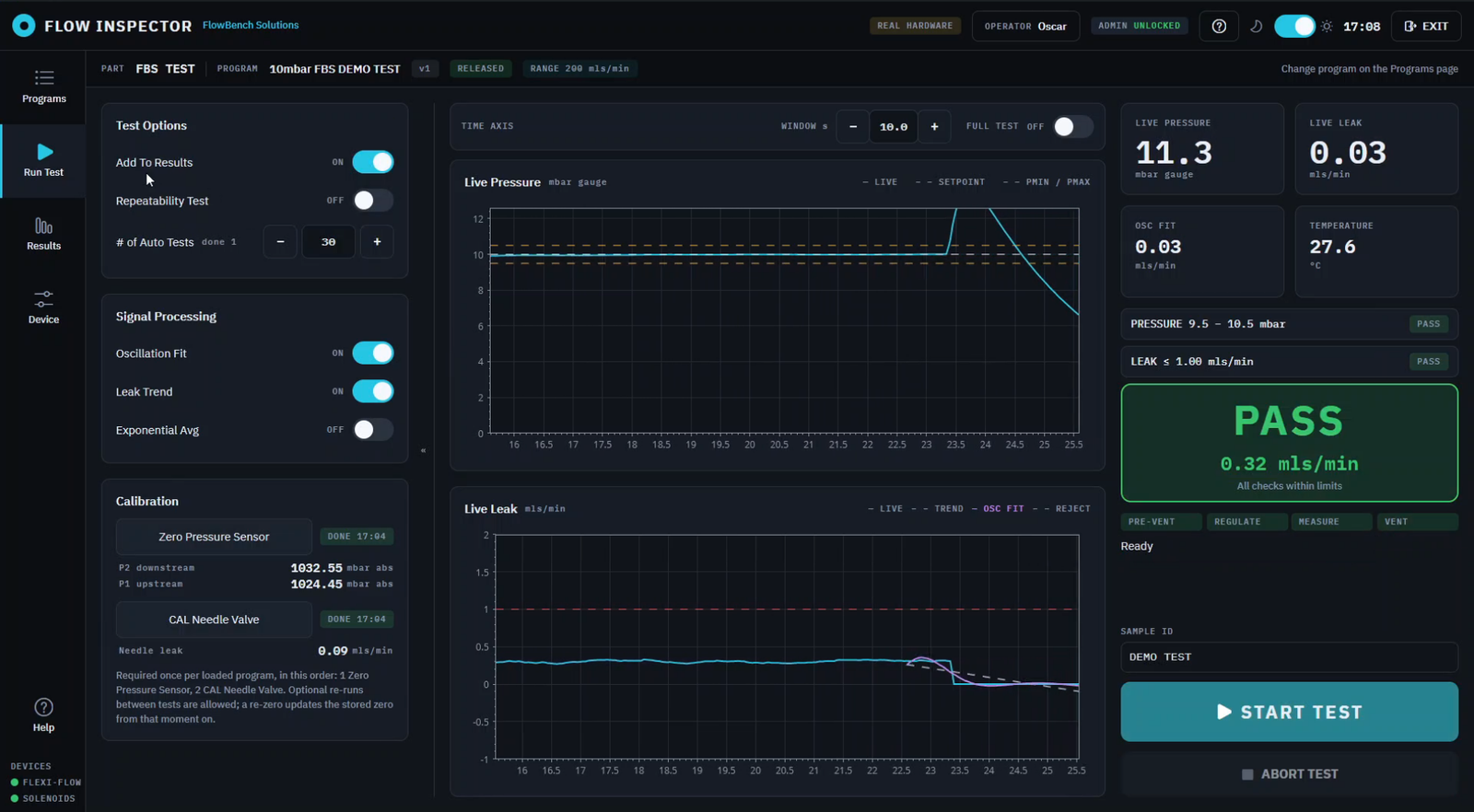 Flow Inspector 2026 software — live testrun met pass/fail-bewaking